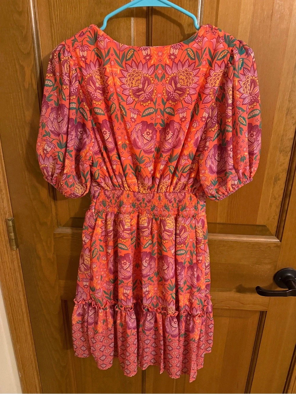 Flying Tomato Boho Floral Puff Sleeve Mini Dress Orange Small, fits like XS